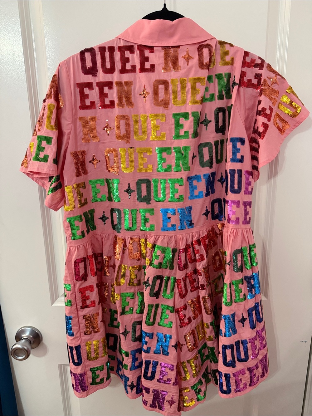 ⭐️Queen of Sparkles ⭐️Pink Sequin "QUEEN" Button-Front Short Sleeve Romper - Picture 3 of 3